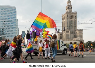 Warsaw, Poland - June 8, 2019: Equality Parade On The Streets Of Warsaw. Gay, Lesbians, Trans, Hetero People In LGBT Pride Parade