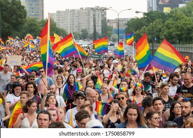 Warsaw, Poland - June 8, 2019: Equality parade on the streets of Warsaw. Gay, lesbians, trans, hetero people in LGBT Pride Parade
