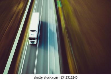 Warsaw, Poland - Mar 18, 2019: White truck speed transport goods highway street movement
