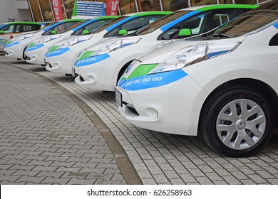 Warsaw, Poland - March, 01, 2017: Electric Taxi Cars Parking In A Row.