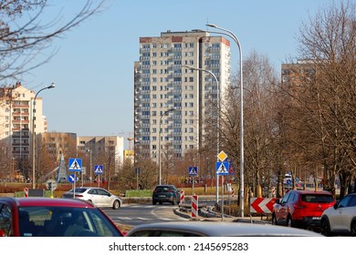 Warsaw, Poland - March 1, 2022: General view of the city district. Multi storey apartment buildings located in the Goclaw housing estate, in the Praga Poludnie district.