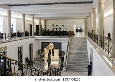 Warsaw, Poland- March 2019. Column Hall In The Sejm And Senate Complex Of Poland