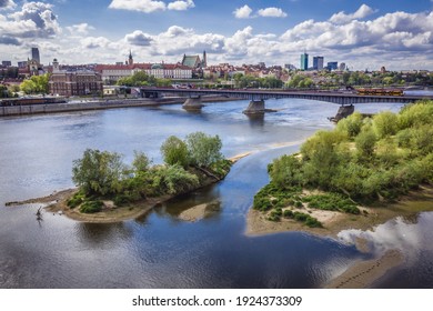 Warsaw, Poland - May 2, 2020: Drone Photo Of Slasko Dabrowski Bridge Over Vistula River In Warsaw