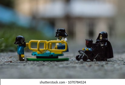 Warsaw, Poland - May 2017 - Lego Star Wars Minifigures Young Siths Play With Emperor Palpatine