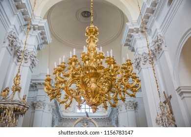 WARSAW, POLAND - MAY, 2018: Cityscape. Walking Warsaw Streets. Church Of The Assumption Of The Virgin Mary And St. Joseph (Carmelite Church) Interior Detail In Warsaw, Poland.