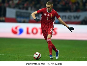 WARSAW, POLAND - NOVEMBER 15, 2021: World Cup 22 Qatar Qualification Gropup Stage Match Poland - Hungary, Attila Szalai (Hungary) 