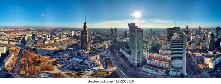 WARSAW, POLAND - NOVEMBER 20, 2018: Beautiful panoramic aerial drone view to the center of Warsaw City and Palace of Culture and Science - a notable high-rise building in Warsaw, Poland