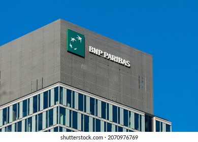 Warsaw, Poland - November 2021: Sign  Logo of one of largest bank BNP Paribas