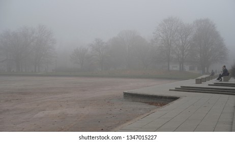 Warsaw / Poland - October 11th 2018 : Lake Without Water In Mokotów Field, Warsaw, Poland In A Foggy Day, In The Fall