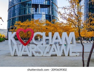 Warsaw, Poland - October 12 2021: Street View Of Warsaw With Sign “I Love Warsaw” (kocham Warszawe)