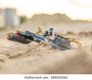 Warsaw, Poland - October 2020 - Lego Star Wars Minifigure Clone Trooper On The Speeder On Desert