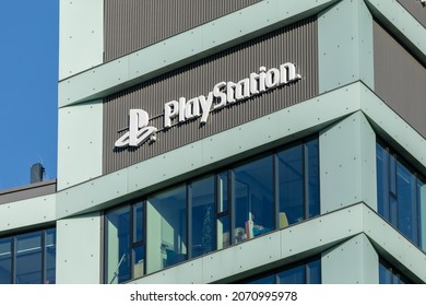 Warsaw, Poland - October 2021: PlayStation company logo on office building in Warsaw city centre