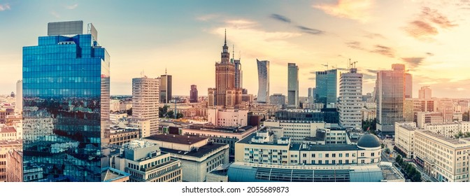 Warsaw, Poland Panorama Of City Center At Sunset