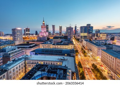 Warsaw, Poland panorama of city center at night