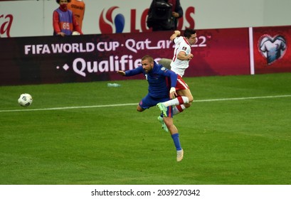 WARSAW, POLAND - September 08, 2021: World Cup 2022 Qatar Qualification Gropu Stage Poland - England, Kyle Walker (England) Robert Lewandowski (Poland) 