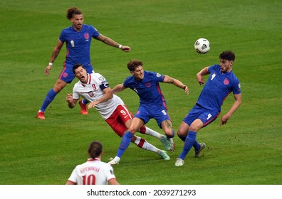 WARSAW, POLAND - September 08, 2021: World Cup 2022 Qatar Qualification Gropu Stage Poland - England, Robert Lewandowski (Poland) John Stones (England) 