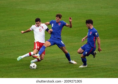 WARSAW, POLAND - September 08, 2021: World Cup 2022 Qatar Qualification Gropu Stage Poland - England, Robert Lewandowski (Poland) John Stones (England) 