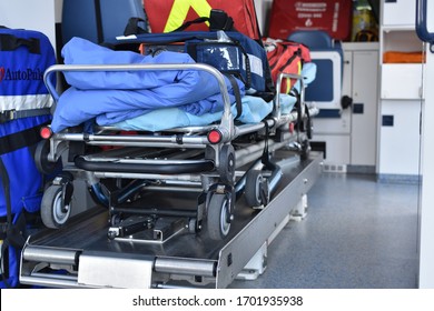 WARSAW, POLAND - SEPTEMBER 14, 2019: Ambulance Van Inside, Stretcher And Equipment For Intensive Care And Reanimation