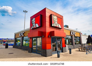 Warsaw, Poland, September 2020: KFC logo at the entrance to its restaurant. KFC is an american fast food restaurant chain
