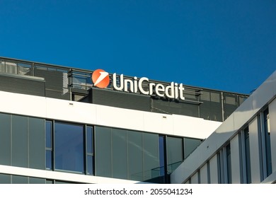 Warsaw, Poland - September 2021: UniCredit logotype on the top of office building