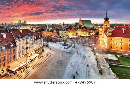 Warsaw, Royal castle and old town at sunset, Poland