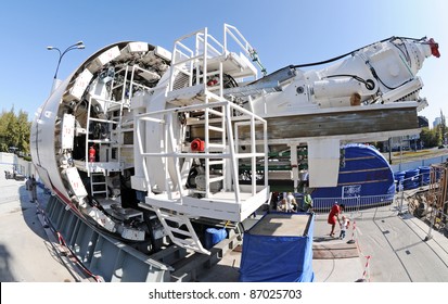 WARSAW - SEPTEMBER 25: TBM - tunnel boring machine on September 25, 2001 in Warsaw, Poland. Machine made by German Herrenknecht AG will be used to build second line of Warsaw Metro from east to west.