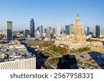 Warsaw skyline skyscraper with Palace of Culture and Science in downtown city in Warsaw, Poland