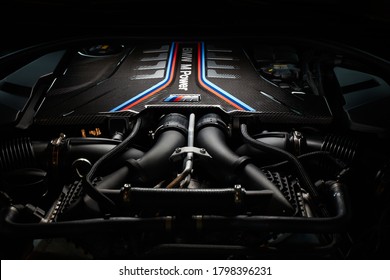 Warsaw/Poland - 07.15.2020: BMW M8 engine from limited First Edition. V8 engine, 4.4 l, 625 hp. Acceleration 0-100km - 3.2s Maximum speed 290km/h.