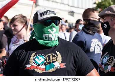 WARSAW/POLAND - AUGUST 16, 2020: right-wing activist from ONR during "anti-LGBT aggression" manifestation