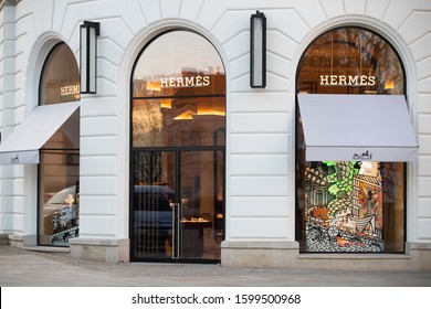 Warsaw/Poland December 12, 2019
Hermes Shop. Hermes Is A High-end Retailer Carrying The Luxury Brand's Apparel, Handbags, Scarves & Other Accessories.