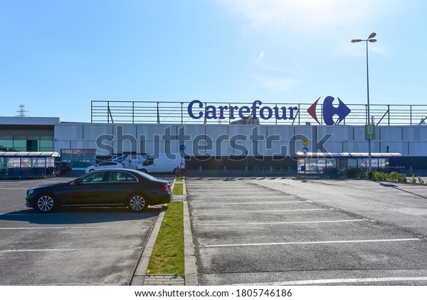Warsaw,Poland-August 12,2020:exterior of french\
multinational supermarket Carrefour.  Carrefour S.A. is a French\
multinational corporation specialized in\
retail.