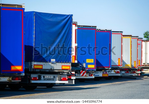 Warshaw region, Poland - June, 30, 2019: trucks on
a parking in Poland