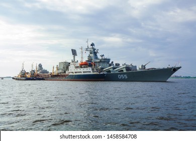 Warship Of The Russian Navy In St. Petersburg. Parade In Honor Of The Day Of The Russian Fleet. St. Petersburg / Russia - July 28, 2018.