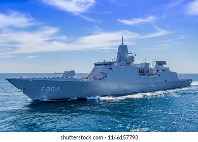 a warship at sea during a study in the Black Sea/Bulgaria/07.18.2019/Editorial used only.a ship of sea forces crosses with sailors on deck in white uniforms and commands command.Dutch frigate.