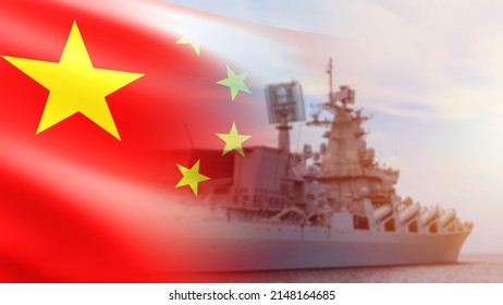 Warships On The Background Chinese Flag. Chinese Navy. PRC Fleet. Navy Of The Republic Of China. Ships Of The Chinese Navy. Protecting Water Borders Of China. Army Of People Republic Of China.