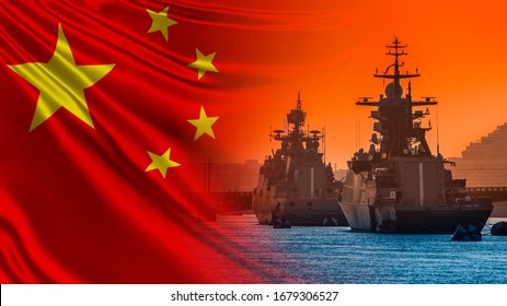 Warships On The Background Of The Flag Of China. PRC's Navy. Navy Of The Republic Of China. Ships Of The Chinese Navy. Protecting China's Water Borders. Fleet Of The World's Countries.