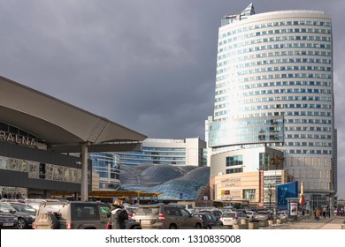 Warszawa / Poland - 02.06.2019: Skyscrapers In Warsaw, Modern And Communism Architecture. Shopping Mall 