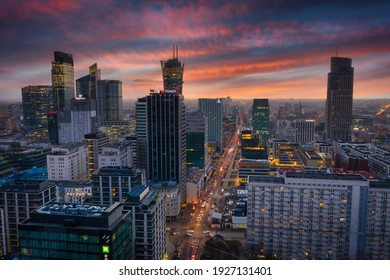 Warszawa, Poland - February 25, 2021: Beautiful architecture of Warszawa city center with modern skyscrapers at sunset, Poland. - Shutterstock ID 1927131401
