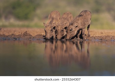 Warthogs piglets drinking at waterhole