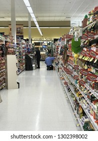 Warwick, New York, USA January 25, 2019 Employees Stocking Shelves In Supermarket/grocery Store