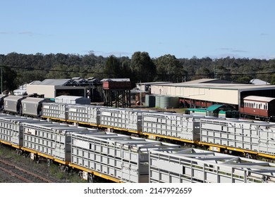 Warwick, Queensland, Australia - April 8 2022: Railway yard and station in the Queensland town of Warwick in Southern Downs Region, featuring buildings, silos and carriages.