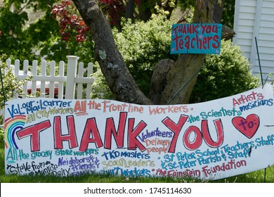 WARWICK, RHODE ISLAND/USA- MAY 17, 2020:Outdoor Lawn Signs Thank Frontline Workers, Teachers, Mail Carrier, And Friends During The Coronavirus Pandemic Of 2020                                