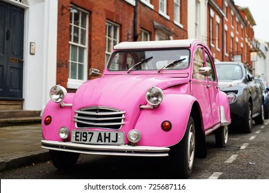 Warwick, UK - October 1, 2017 : Classic Pink Citroen Car In The Warwick City Centre Street.
