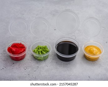 Wasabi Soy Sauce And Ginger In A Bowl. Japanese Sushi Condiment In Round Ramekin