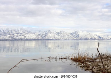 Wasatch Mountains In The Winter By Utah Lake