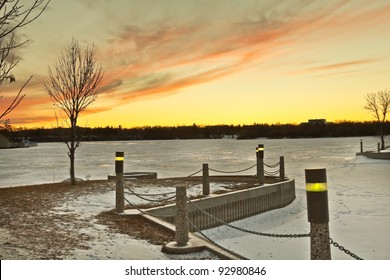 Wascana Lake Frozen On A Cold November Day During Winter In Regina, Canada.