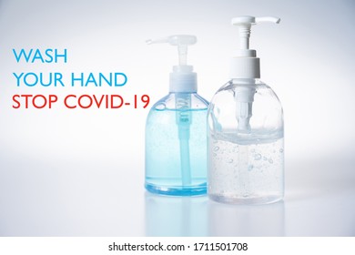 Wash Your Hand Stop Covid-19 Poster Concept, Sanitizer Gel  Pump Dispenser Bottle For Prevention Coronavirus Disease