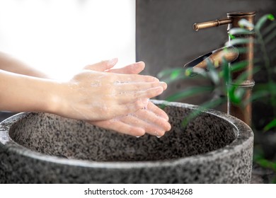 Wash Your Hands Often With Soap And Water For At Least 20 Seconds  For Preventing The Spread Of Coronavirus (COVID-19). Hand Washing Steps 6. Beijing China. Date:April 8, 2020