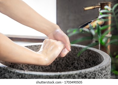 Wash Your Hands Often With Soap And Water For At Least 20 Seconds  For Preventing The Spread Of Coronavirus (COVID-19). Hand Washing Steps 2. Beijing China. Date:April 8, 2020