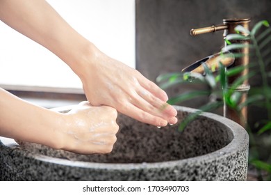 Wash Your Hands Often With Soap And Water For At Least 20 Seconds  For Preventing The Spread Of Coronavirus (COVID-19). Hand Washing Steps 3. Beijing China. Date:April 8, 2020